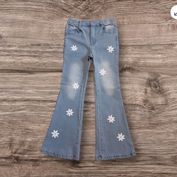 SHEIN Other - SHEIN Youth Girls 10Y Blue Denim Flare Leg Light Wash Flower Elastic Waist pants